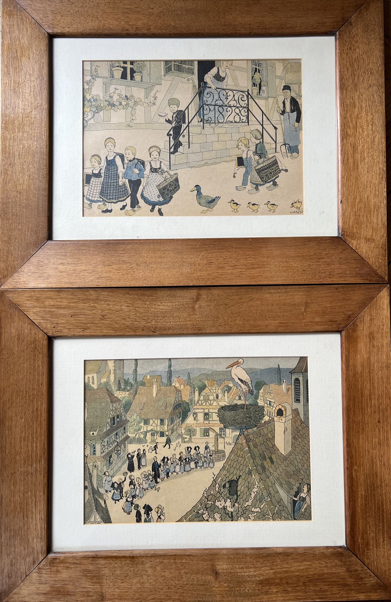 Null 让-雅克-瓦尔兹，人称汉斯（1873-1951）。离开学校--观察鹳鸟。两幅彩色平版画。视线：18.5 x 26.5厘米。