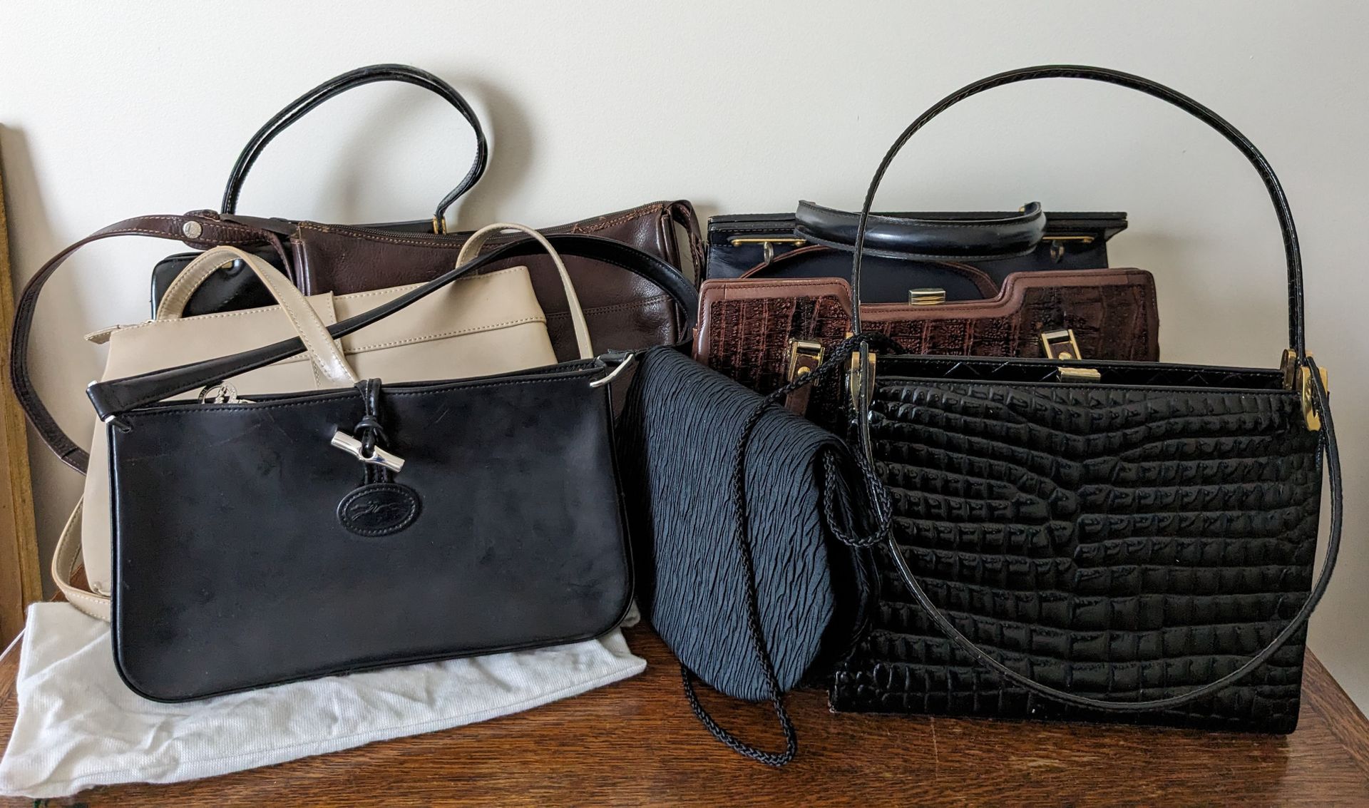 Null Set of leather handbags, one Longchamp, one Pourchet. As is.
