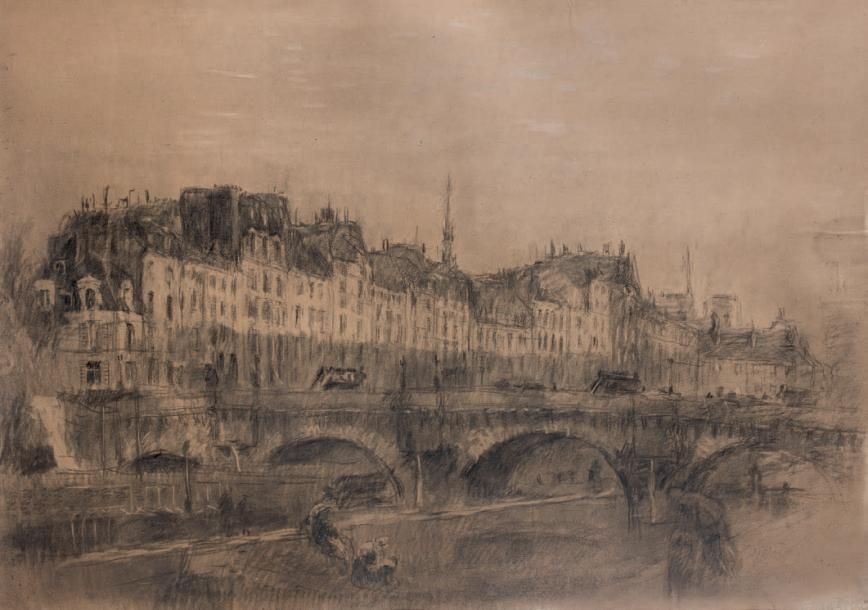 ALBERT LEBOURG (1849-1928) 
PARIS, LE PONT NEUF ET L'ILE DE LA CITÉ.
Fusain, non&hellip;