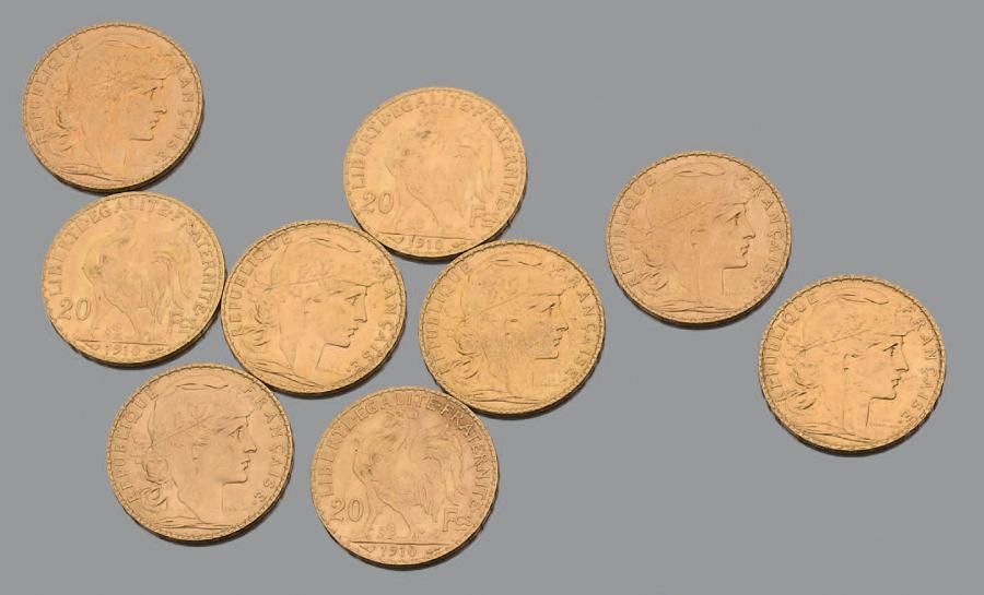 France Neuf pièces de Vingt Francs en or jaune.
Troisième République, au Coq: si&hellip;