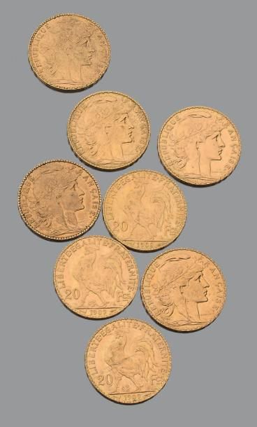 France Huit pièces de Vingt Francs en or jaune.
Troisième République, au Coq: un&hellip;