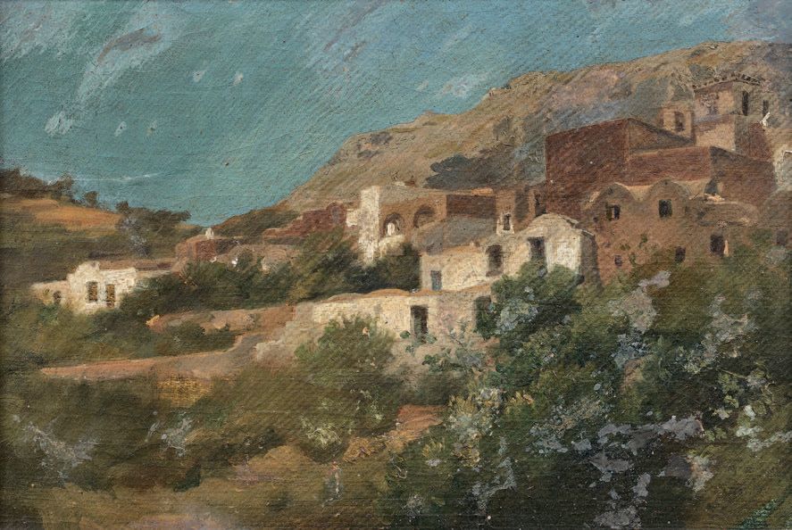Jean SCOHY (1824-1897) 
VILLAGE ITALIEN A FLANC DE COLLINE.
Huile sur toile maro&hellip;