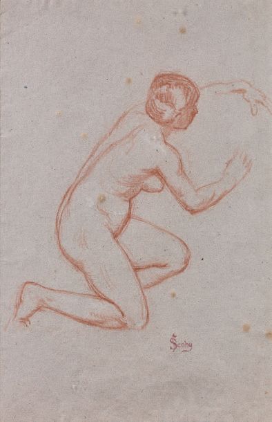 Jean SCOHY (1824-1897) 
FEMME A GENOUX.
Sanguine, cachet de la signature en bas &hellip;