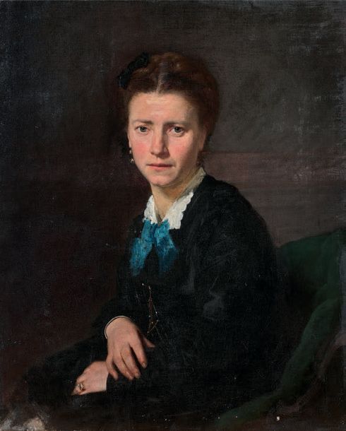Jean SCOHY (1824-1897) 
PORTRAIT DE FEMME A LA ROBE NOIRE, AU COL BLANC ET AU RU&hellip;