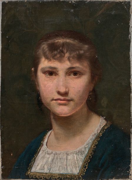 Jean SCOHY (1824-1897) 
FEMME AU CORSAGE BLANC ET A LA VESTE BLEUE.
Huile sur to&hellip;