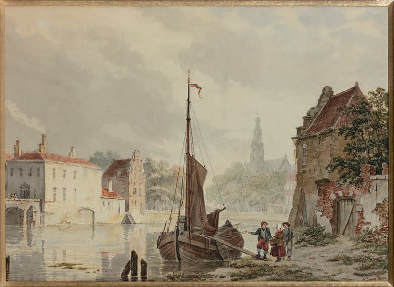 Bartholomeus Johannes Van HOVE (1790-1880) 
CANAL ANIMÉ A LA HAYE.
Aquarelle, si&hellip;
