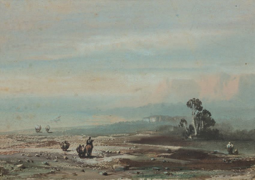 Eugène CICERI (1813-1890) 
PAYSAGE AU CAVALIER.
Aquarelle et gouache, signée en &hellip;