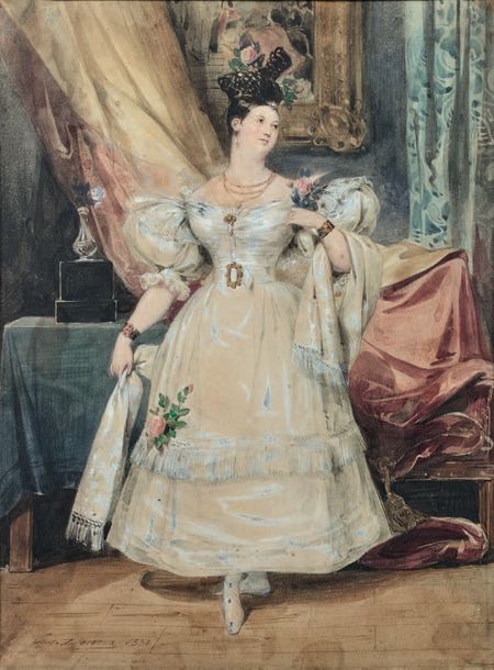 Eugène DEVERIA (1808-1865) 
JEUNE FEMME À LA ROBE BLANCHE.
Aquarelle et gouache,&hellip;