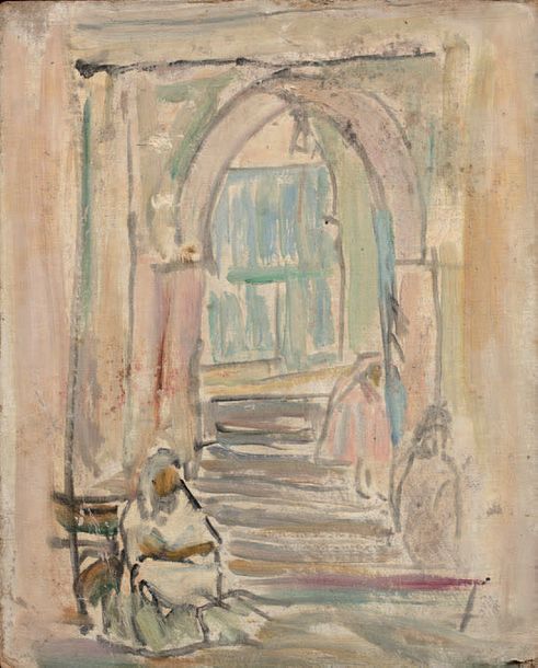 Atelier JULES LELLOUCHE (1903-1963) PORCHE AVEC MENDIANTS.
Etude à l'huile sur c&hellip;