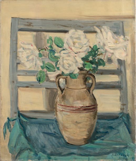 Atelier JULES LELLOUCHE (1903-1963) BOUQUET DE ROSES DANS UN POT POSÉ SUR UNE CH&hellip;