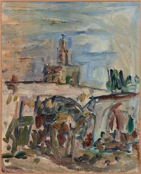 Atelier JULES LELLOUCHE (1903-1963) RUE D'AFRIQUE DU NORD AVEC MINARET.
Huile su&hellip;