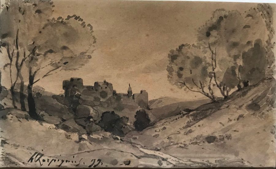 Henri Joseph HARPIGNIES (1819-1916): PAYSAGE AU CHATEAU FORT.
Encre et lavis d'e&hellip;