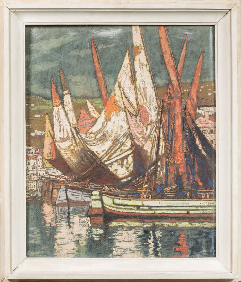 Null LABROUCHE Pierre (1876-1956). "Voiliers au port, Pays Basque" 

Gouache sur&hellip;
