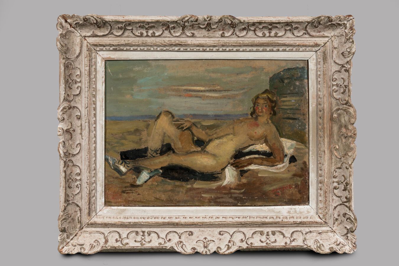 Null 拉塔皮-路易斯（1891-1972）。"卧姿女性裸体"。纸板上的油画，右下角签名，39 x 54 cm

纸板翘起，小事故和部件丢失

蒙巴纳斯风格框&hellip;