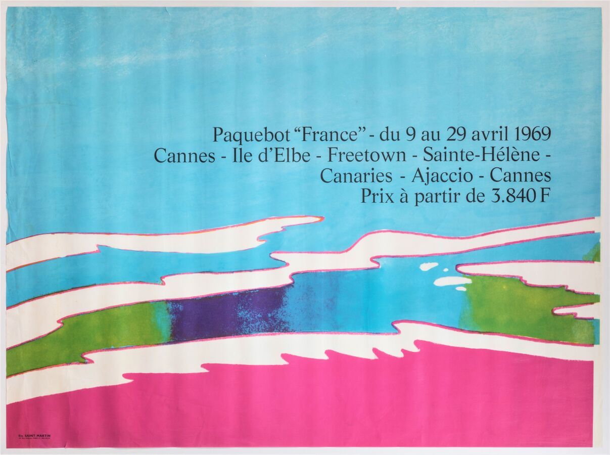 Null 旅游 - "法国的Paquebot。戛纳-易北河-弗里敦-圣海伦-加纳利-阿雅克肖-戛纳"。1969.圣马丁公司。115,5x157厘米。原始海报，锌&hellip;