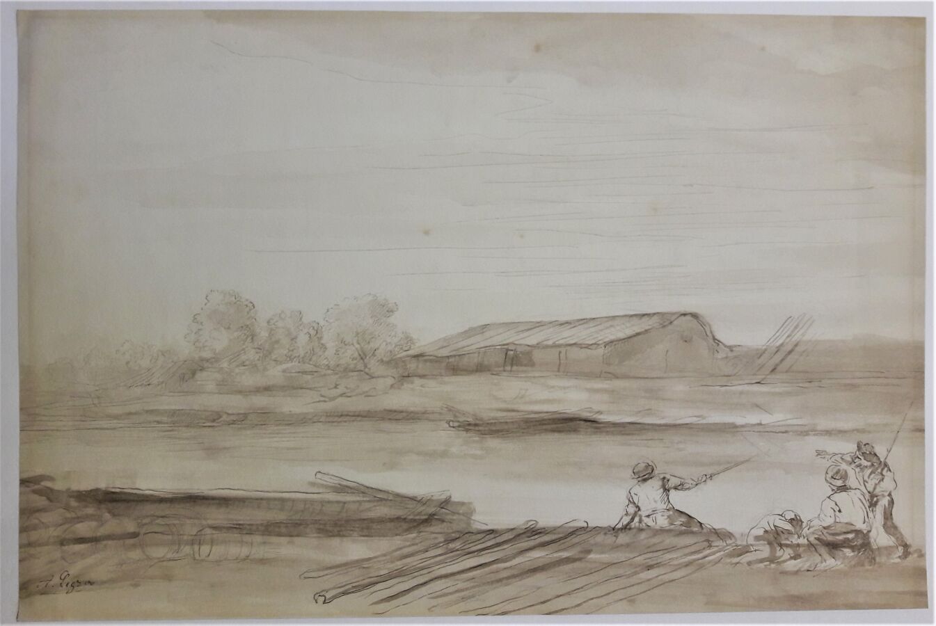 Null Alphonse Legros (1837-1911) - Canal près de Dijon. Dessin au crayon, encre &hellip;