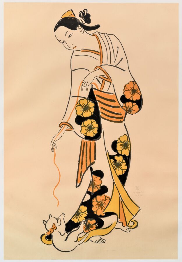 Null Leonard Foujita (1886-1968). "Geisha playing with a kitten". 1926. Lithogra&hellip;