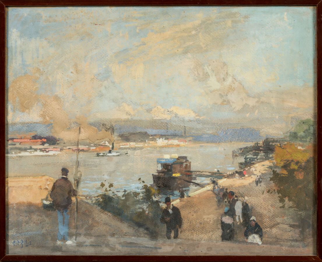Null GILLOT Eugène Louis (1867-1925). "Bord de fleuve animé". Technique mixte si&hellip;