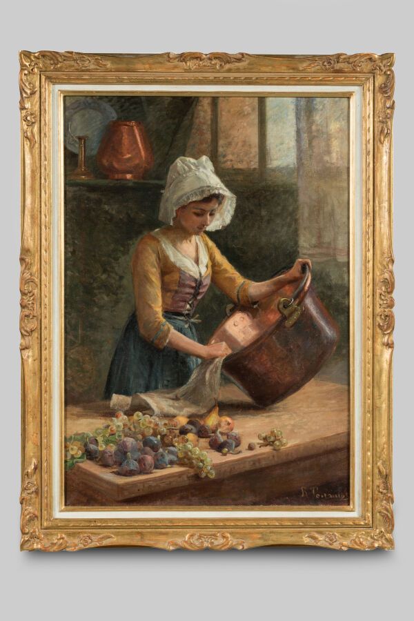 Null TOURNIOL Renée (1876-1953). "Mujer limpiando un caldero". Gran óleo sobre l&hellip;