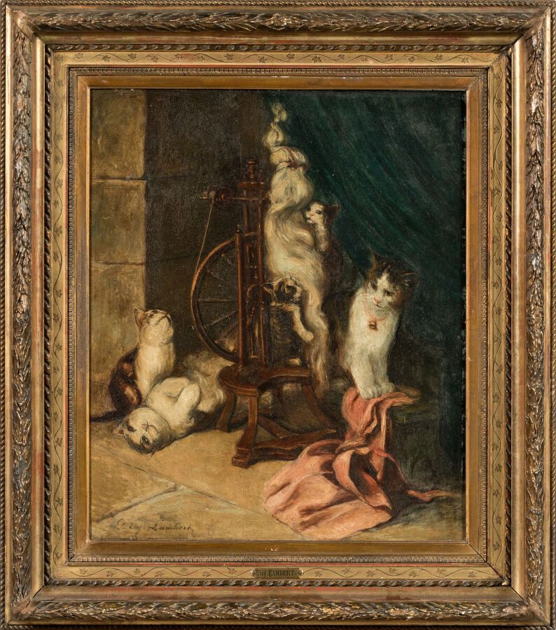 Null 兰伯特-欧仁（1825-1900 年）。"猫和纺车画板油画，左下方有签名。 
边缘略有损坏。
精美的木质灰泥画框。