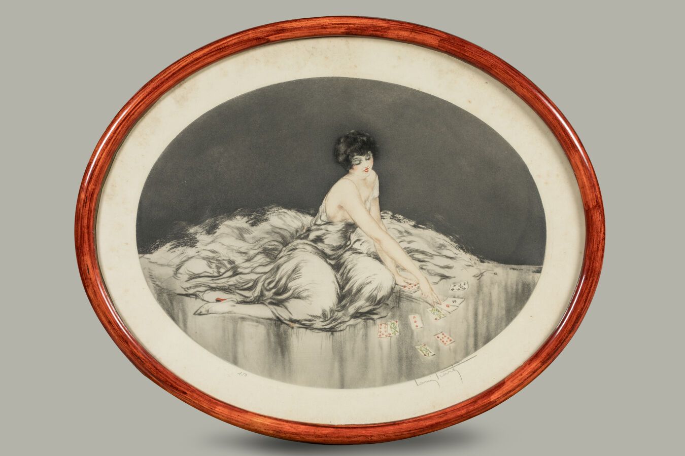 Null 伊卡特-路易斯（1888-1950 年）。"玩牌的年轻女子》，约 1925-1930 年。干点、椭圆形水印。 
尺寸：36.5 x 48 厘米。
