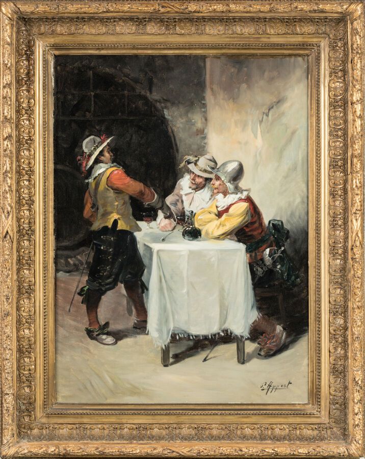 Null APPERT Eugène Pierre（1814-1867 年）。"火枪手大型油画，右下方有签名。 
尺寸：82 x 59 厘米。
精美的木质镀金灰&hellip;