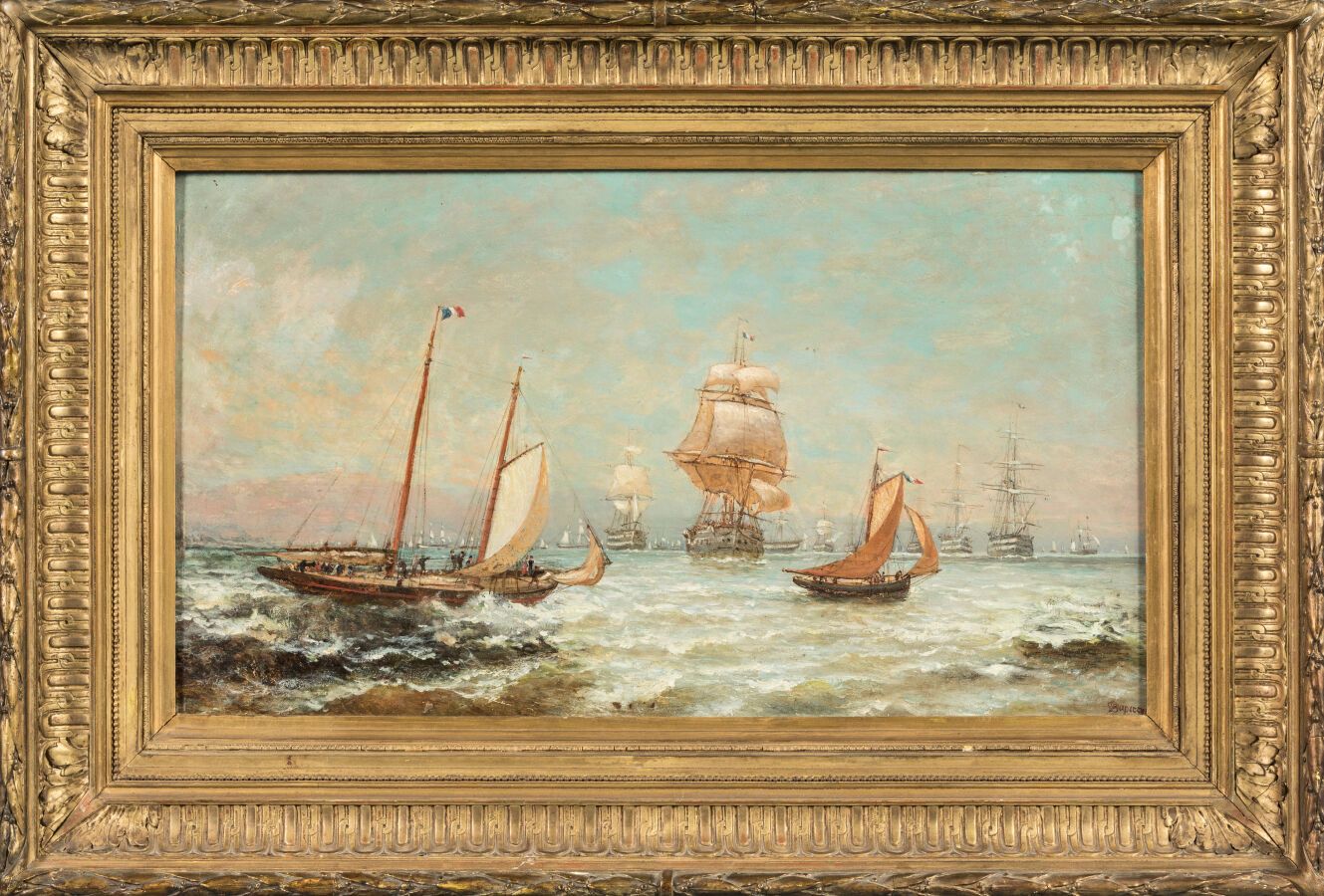 Null DUPERRON Louis Sylvestre（第十九世）。"海岸上的帆船"。画板油画，右下方有签名。74 x 42.5 厘米。 
略有缺失。 
精&hellip;