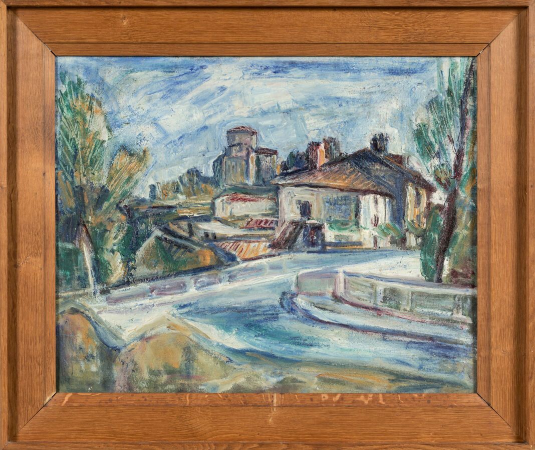 Null LEGER Suzanne (1897-1989). "Veduta di un villaggio". Olio su tela dedicato &hellip;