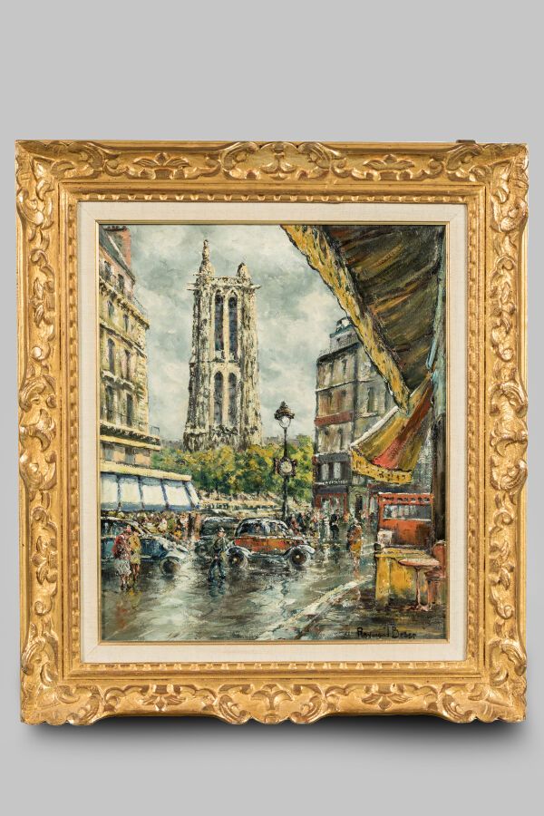 Null 贝塞-雷蒙德（1899-1969 年）。"巴黎，圣雅克之旅等色油画，右下方有签名、 
尺寸 19 x 23.5 厘米。 
精美的木质镀金灰泥画框。