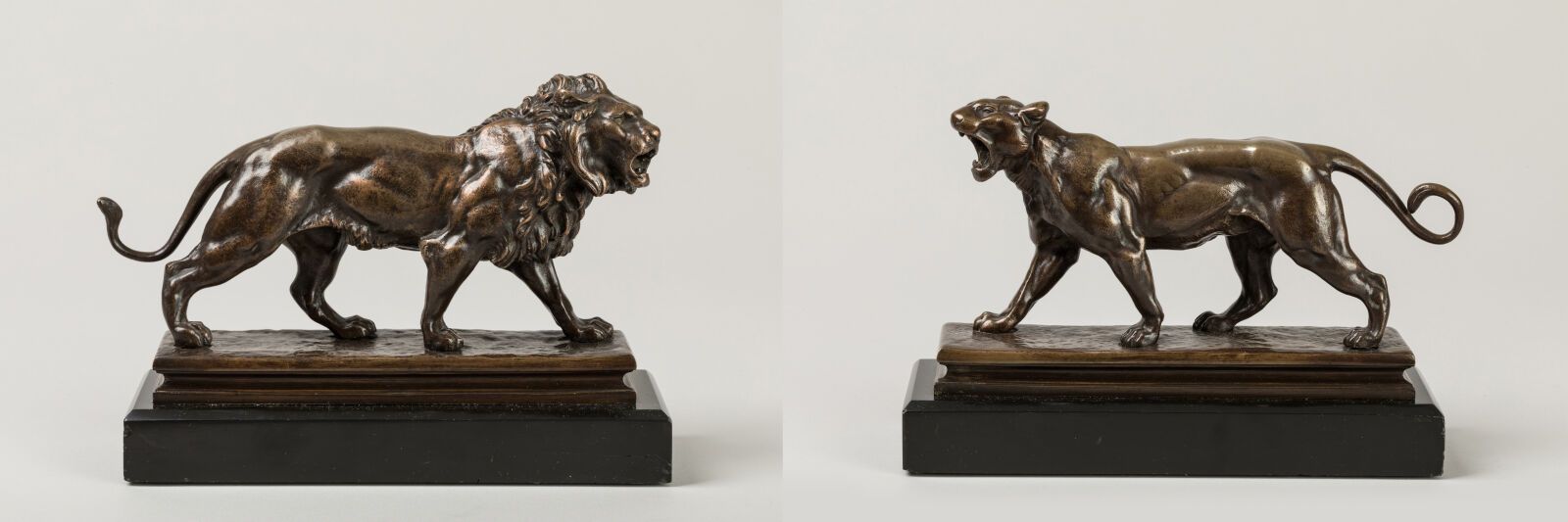 Null Charles VALTON (1851-1918), d'après. "Lionne et lion". Paire de sculptures &hellip;