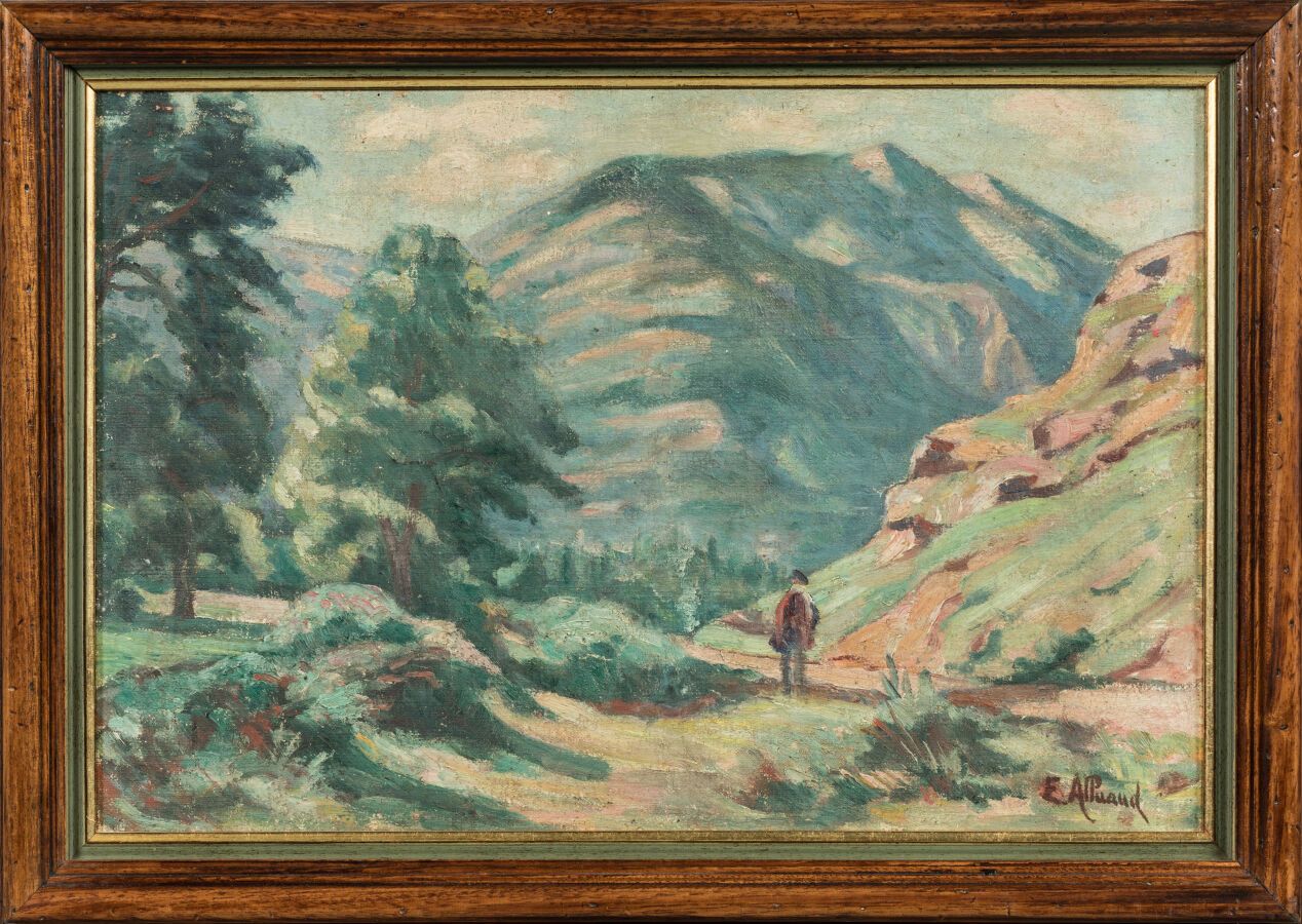 Null ALLUAUD Eugène (1866-1947). "Paysage de montagne animé". Huile sur toile si&hellip;