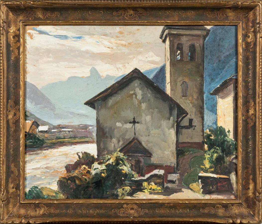 Null 约瑟夫-科莫纳尔（1876-1952 年）。"山景与教堂》。画板油画，右下方有签名，背面有标题 "Eglise de Briançon"。 
尺寸 5&hellip;