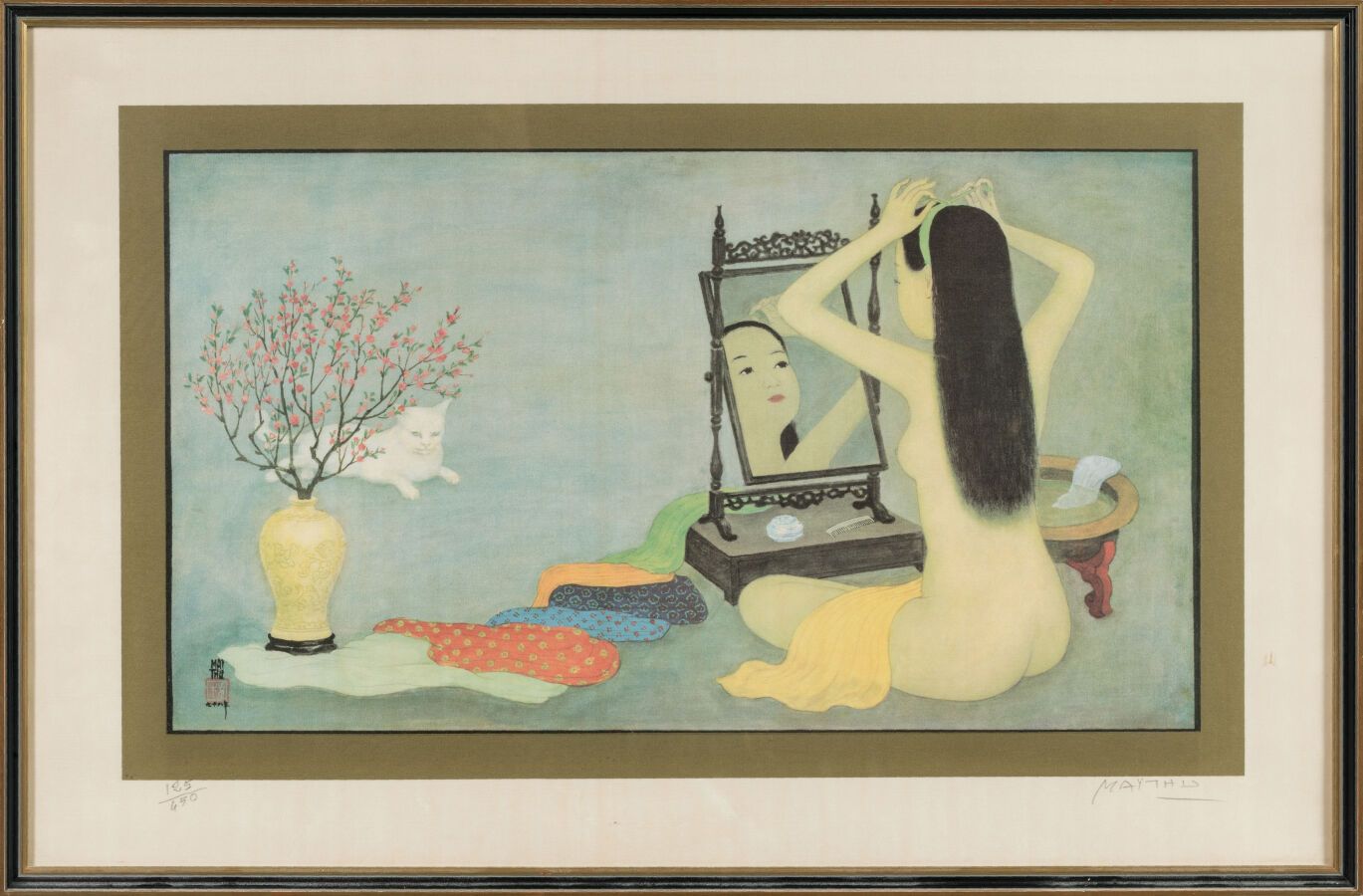 Null MAI-THU (1906-1980). "Donna nuda con copricapo". Litografia su seta, firmat&hellip;