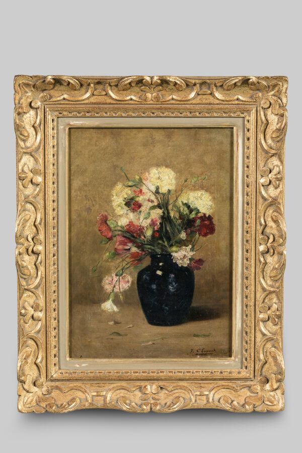 Null CHOQUET Jules Charles (1846-1937). "Bouquet di garofani". Olio su tela. Dim&hellip;