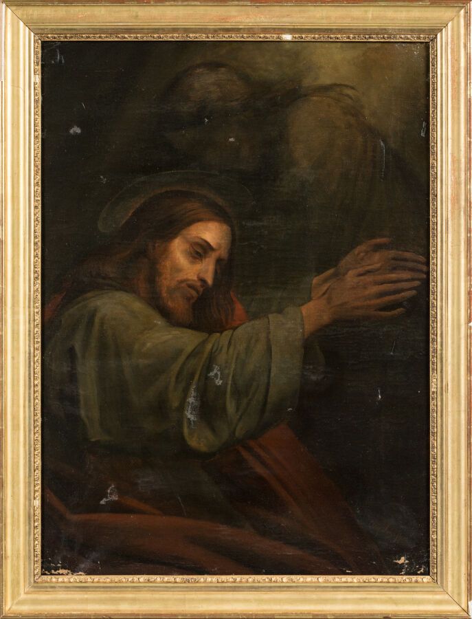 Null 谢弗-阿里（1795-1858 年）。"橄榄山上的基督》。布面油画，右下方有签名，可能是启示录。 
事故和修复。
木质和镀金灰泥画框。