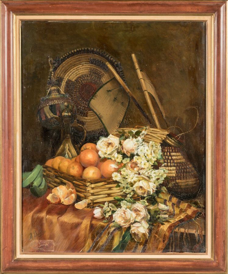 Null BERTHON M.（第十九至二十世）《桔子和阿尔及利亚物品的静物》。布面油画，左下方有签名，92 x 73 厘米。略有缺失。
已装裱。