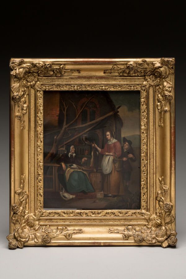 Null 18 世纪北方流派。"农民场景铜面油画。16.7 x 20 厘米。 
略有修复。
后期木质镀金灰泥画框。