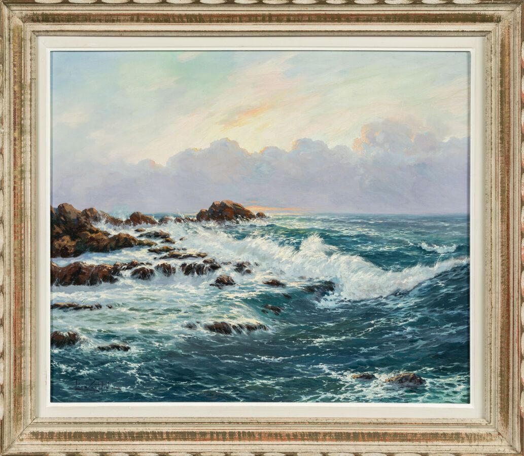 Null 齐特林-莱昂（1885-1962 年）。"日落时分的海岸风光画板油画，左下方有签名。 
尺寸：72 x 60 厘米。