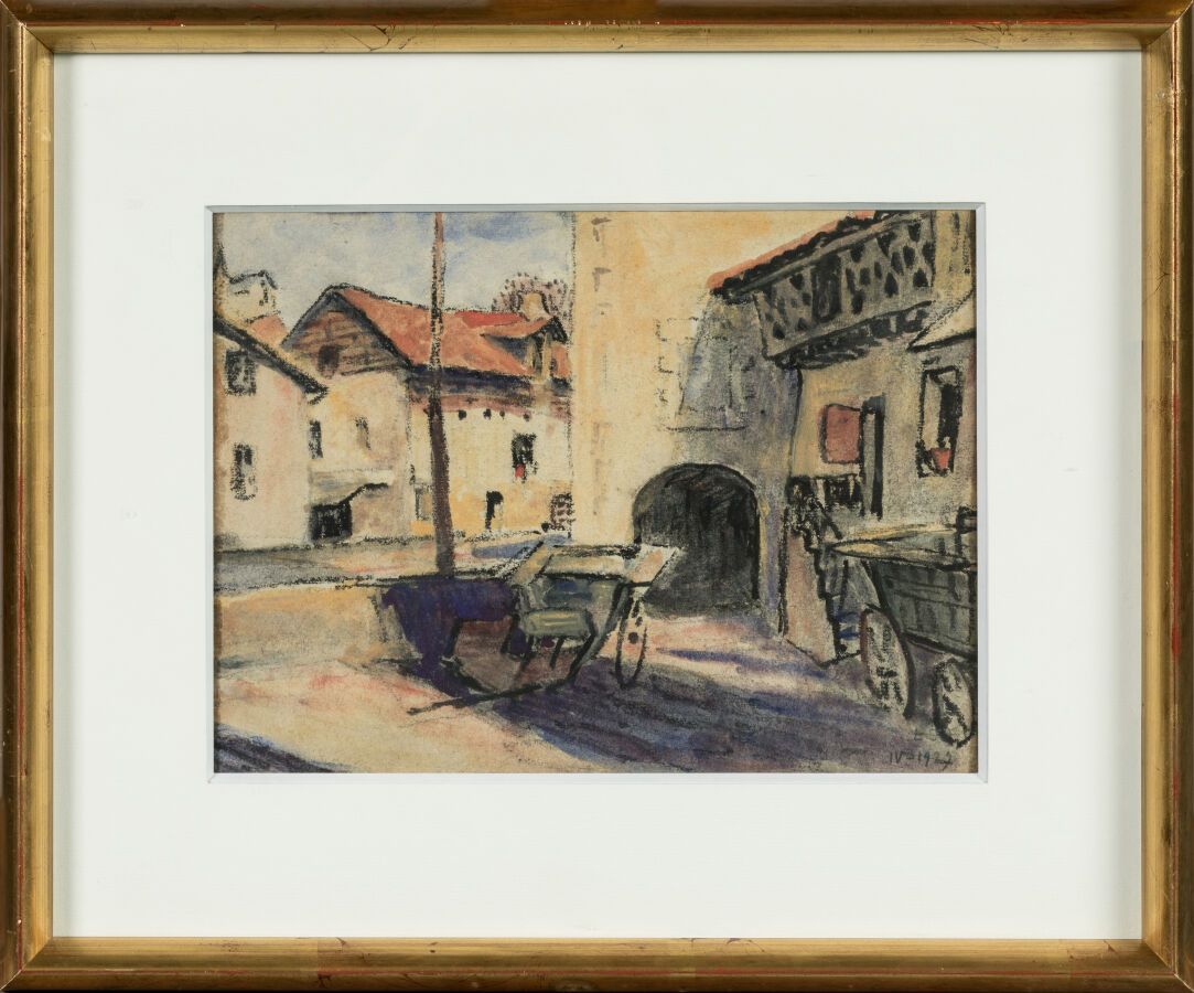 Null JOUHAUD Léon (1874-1950). "Vista de Eymoutiers. Dibujo al pastel sobre pape&hellip;