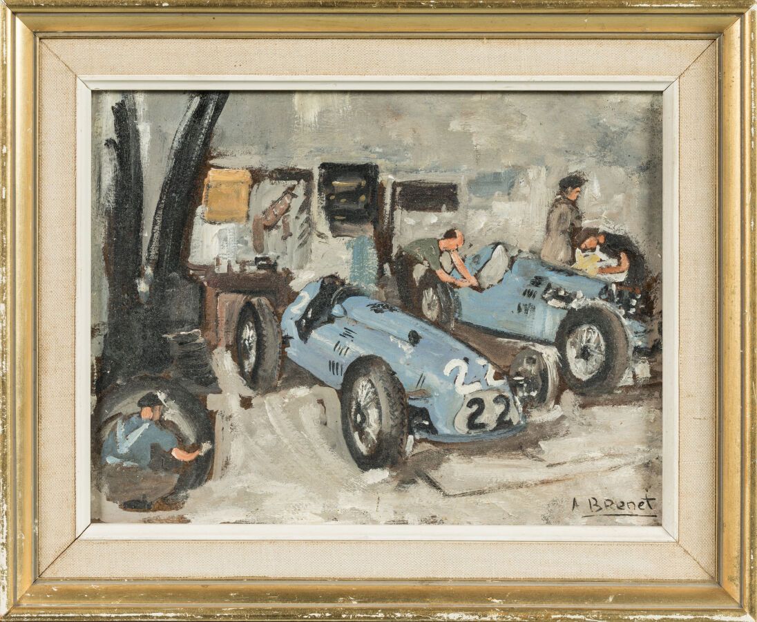 Null BRENET Albert (1903-2004). "L'interno del garage". Olio su cartoncino firma&hellip;