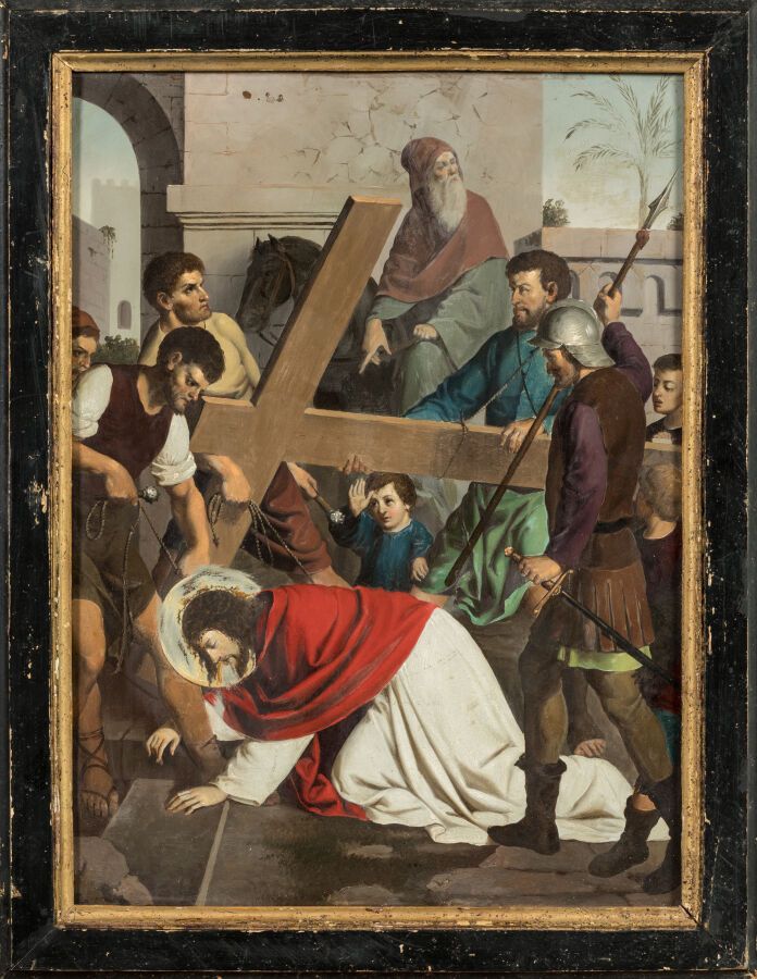 Null 17 世纪法国画派。"背负十字架铜面油画 45 x 32.5 厘米
背面刻有 "1679
意外。