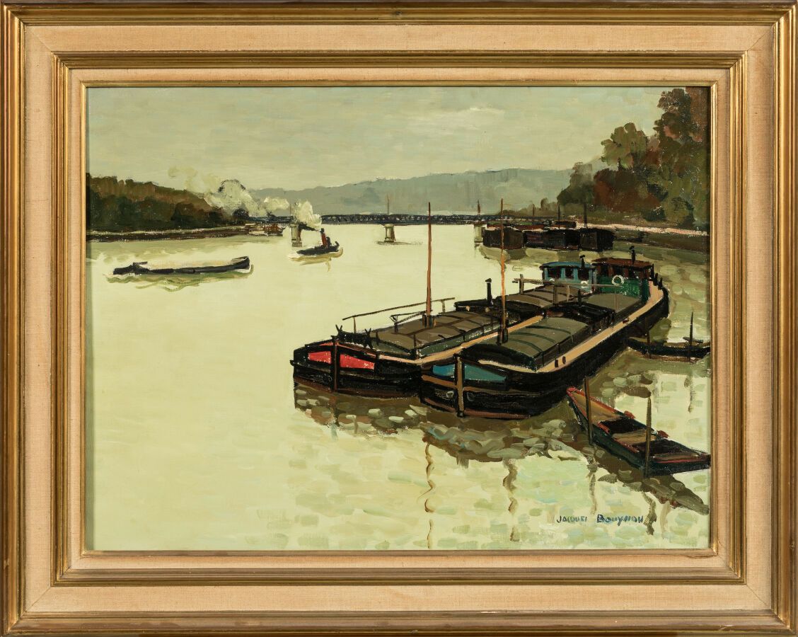 Null BOUYSSOU Jacques (1926-1997)."孔弗朗斯-圣奥诺瑞纳》。布面油画，右下方有签名。 
尺寸 54 x 73 厘米。 
已装裱&hellip;