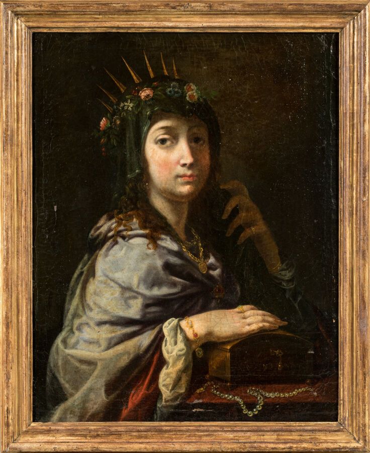 Null 十七世纪意大利画派。寓言肖像"。布面油画 73 x 58 厘米
担架上刻有 "6 Carlo Dolci"。
轻微破损、褪色、修复。