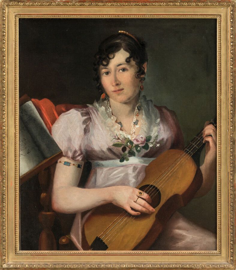 Null French school, Empire period. "Dame de qualité à la guitare". Oil on canvas&hellip;