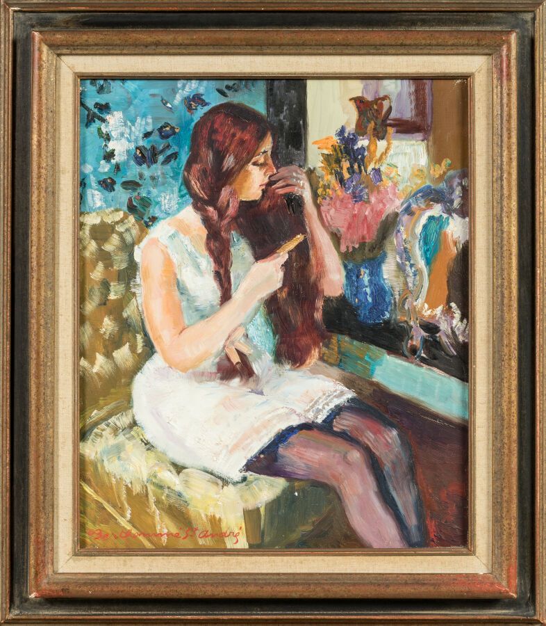 Null 贝托梅-圣-安德烈-路易斯（1905-1977 年）。"倒影的脸或梳着发饰的年轻坐着的女人》。布面油画，右下方有签名。 
尺寸 45 x 37 厘米。&hellip;