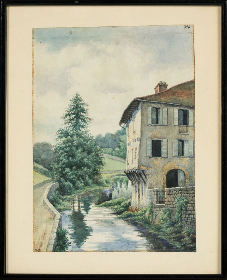 Null COURTOT Paul Laurent (1856-1925)."维埃纳河畔的艾克塞，艾克塞特，鲁杰里水井"。水彩画，有签名和 1918 年的日期，&hellip;