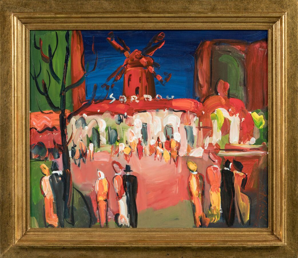 Null 杜布克-让-路易（1946 年）。"萨杜在红磨坊的表演》。大型油画，右下方有签名。 
尺寸 60 x 73 厘米。