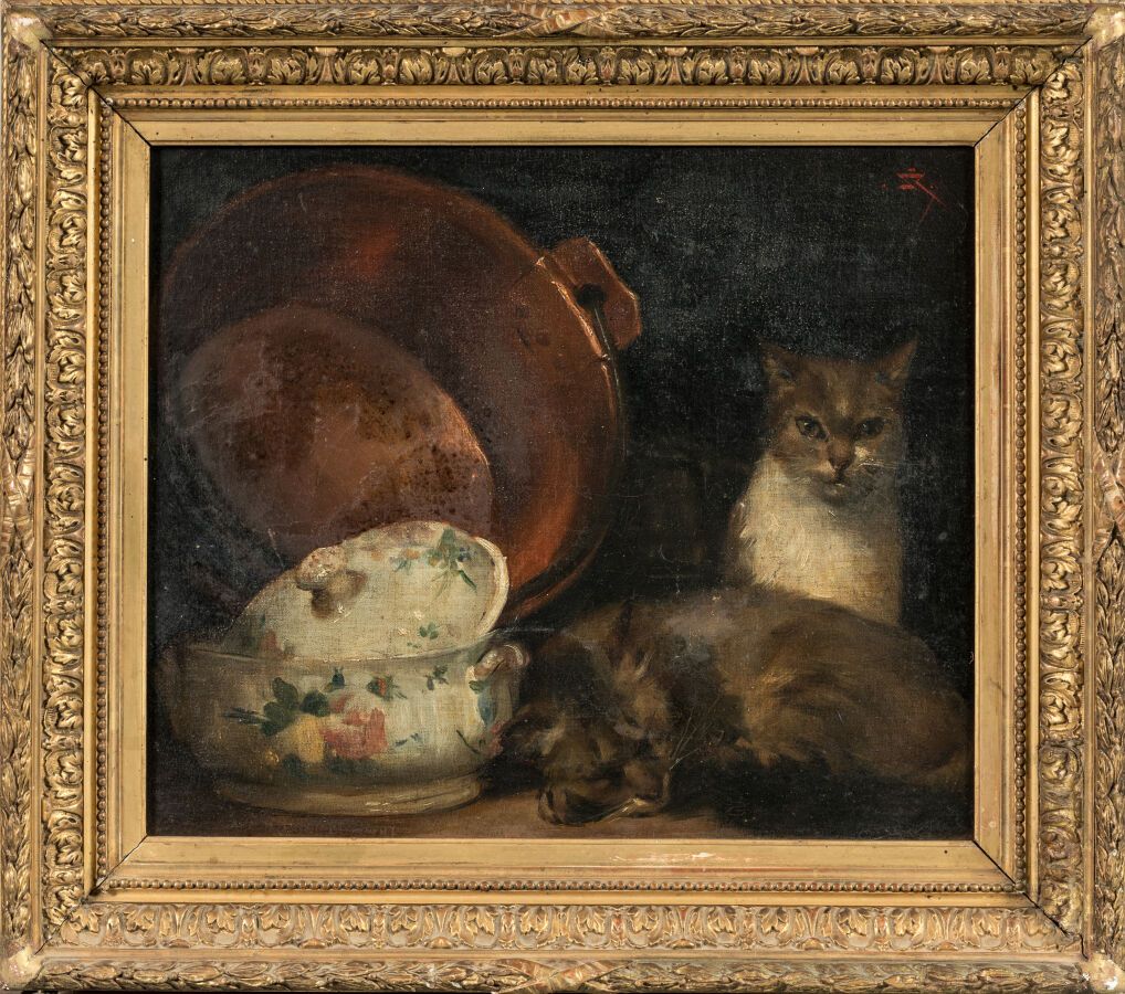 Null 十九世纪法国画派。"两只猫的构图布面油画。 右上方有花押或签名。
尺寸：38 x 46 厘米。
已装裱。