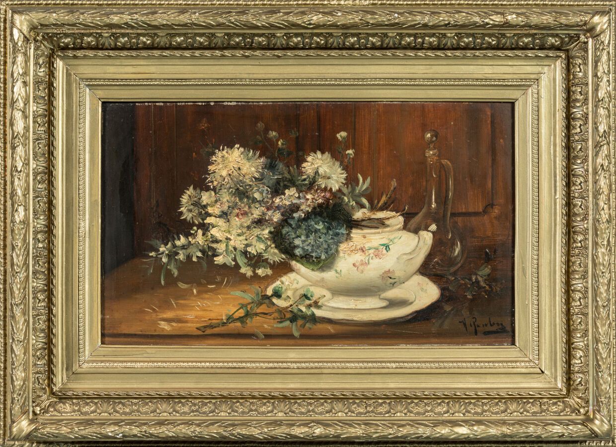 Null 鲁比-阿尔弗雷德（1849-1909 年）。"静物与汤碗"。画板油画，右下方有签名。34 x 55 厘米。
画框 HOMBERT et fils，已修&hellip;