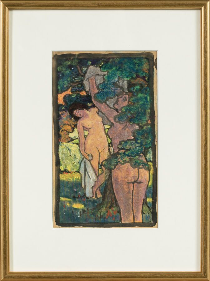 Null 朱豪德-莱昂（1874-1950 年）。"浴者与树叶珐琅的准备工作。尺寸：19.5 x 11 厘米。